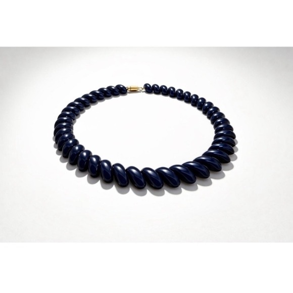 Napier Jewelry - Napier Navy Blue Twisted Bead Necklace Vintage Gold Clasp Retro Minimalist 90s